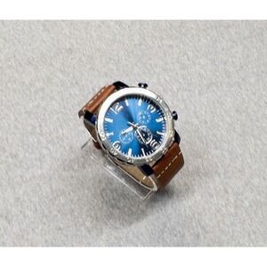 Folio 46mm Blue Silver Tone Watch Brown Leather Band New Battery Chrono Style